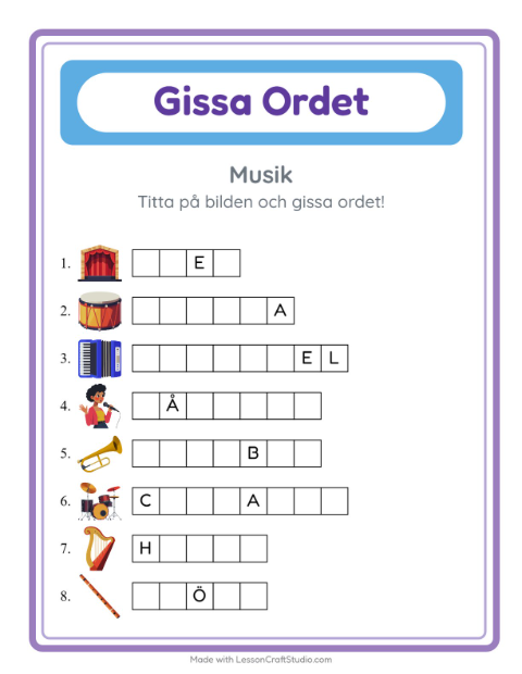 Förhandsvisning av Gissa Ordet-arbetsblad med Musik för Förskoleklass