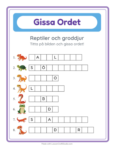 Förhandsvisning av Gissa Ordet-arbetsblad med Reptiler och groddjur för Förskoleklass