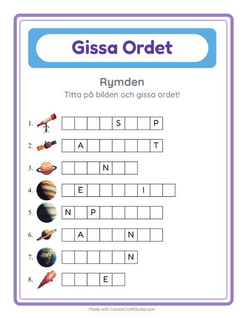 Förhandsvisning av Gissa Ordet-arbetsblad med Rymden för Förskoleklass