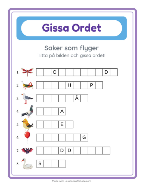 Förhandsvisning av Gissa Ordet-arbetsblad med Saker som flyger för Förskoleklass