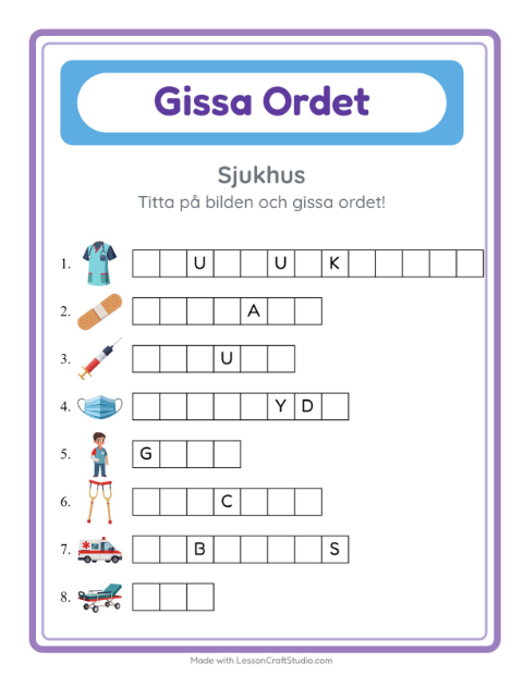 Förhandsvisning av Gissa Ordet-arbetsblad med Sjukhus för Förskoleklass