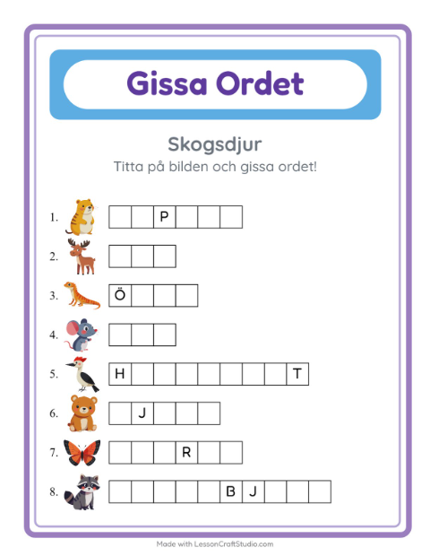 Förhandsvisning av Gissa Ordet-arbetsblad med Skogsdjur för Förskoleklass