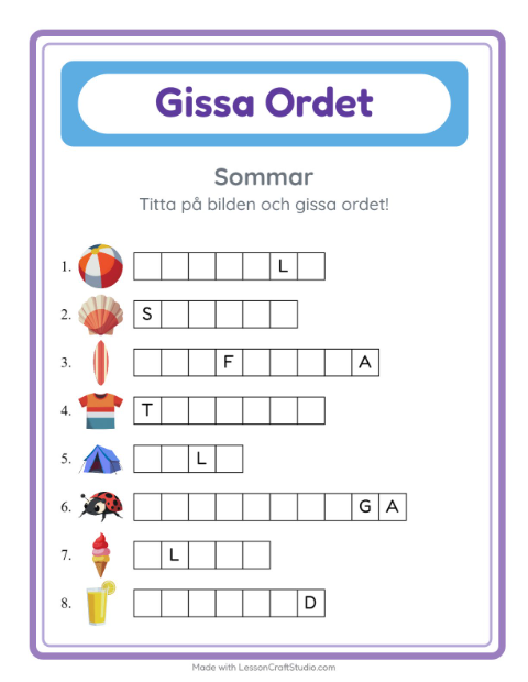 Förhandsvisning av Gissa Ordet-arbetsblad med Sommar för Förskoleklass