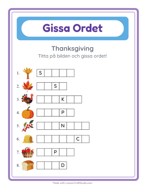 Förhandsvisning av Gissa Ordet-arbetsblad med Thanksgiving för Förskoleklass