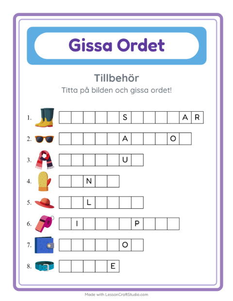 Förhandsvisning av Gissa Ordet-arbetsblad med Tillbehör för Förskoleklass
