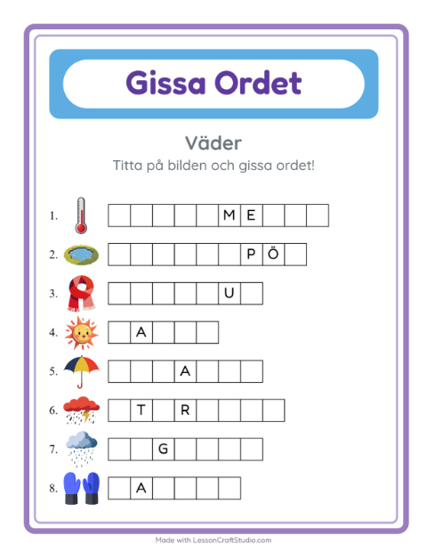 Förhandsvisning av Gissa Ordet-arbetsblad med Väder för Förskoleklass