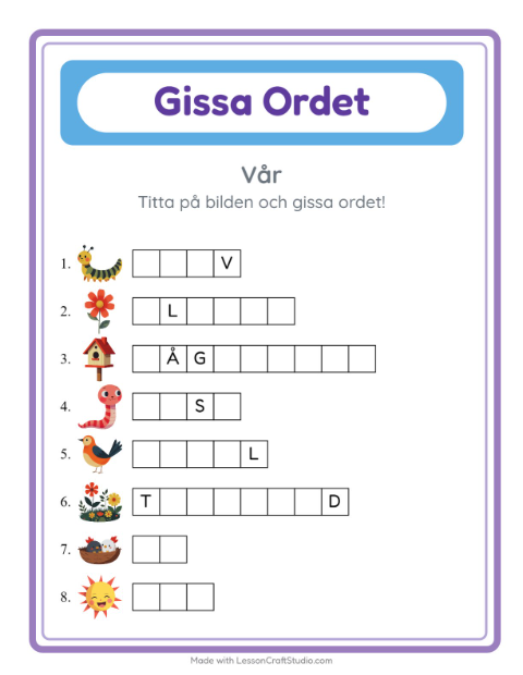Förhandsvisning av Gissa Ordet-arbetsblad med Vår för Förskoleklass