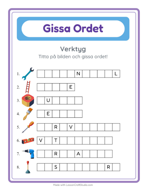 Förhandsvisning av Gissa Ordet-arbetsblad med Verktyg för Förskoleklass