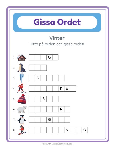 Förhandsvisning av Gissa Ordet-arbetsblad med Vinter för Förskoleklass