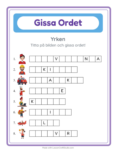 Förhandsvisning av Gissa Ordet-arbetsblad med Yrken för Förskoleklass