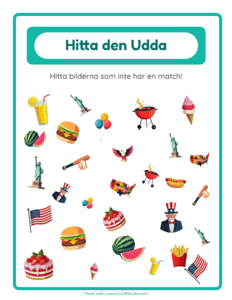 Förhandsvisning av Hitta Föremålen-arbetsblad med 4 juli för Förskoleklass