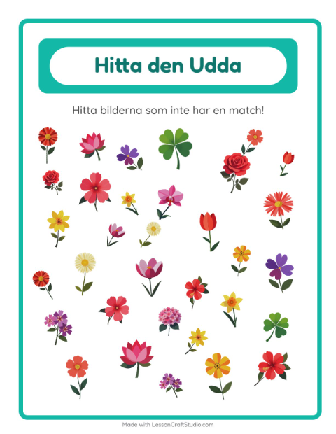 Förhandsvisning av Hitta det som inte passar bland blommor – arbetsblad för förskolan