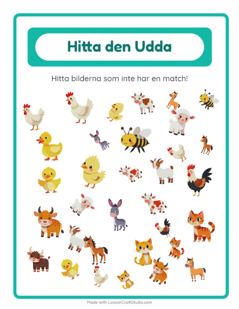 Förhandsvisning av Hitta Föremålen-arbetsblad med Bondgårdsdjur för Förskoleklass