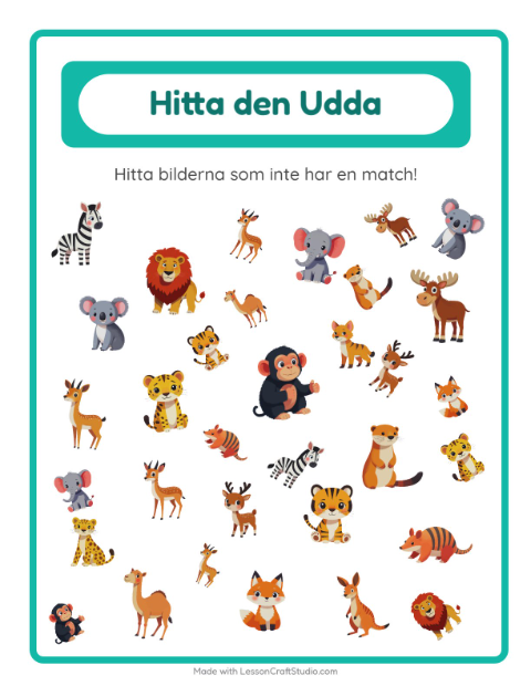Förhandsvisning av Hitta Föremålen-arbetsblad med Djurparksdjur för Förskoleklass