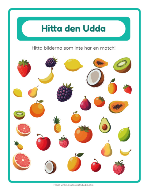 Förhandsvisning av Hitta det som inte passar bland frukter – arbetsblad för förskolan