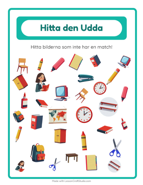 Förhandsvisning av Hitta Föremålen-arbetsblad med Klassrum för Förskoleklass