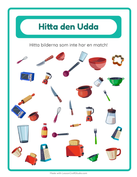Förhandsvisning av Hitta det som inte passar bland redskap – arbetsblad för förskolan