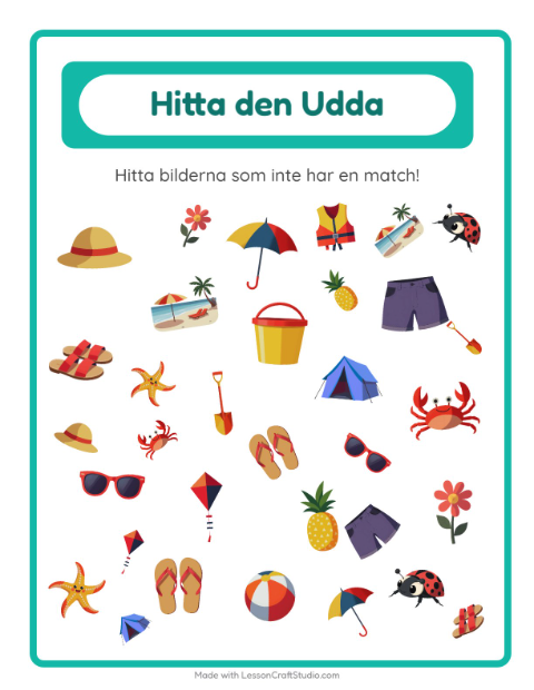 Förhandsvisning av Hitta Föremålen-arbetsblad med Sommar för Förskoleklass