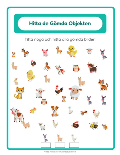 Förhandsvisning av Hitta Föremålen-arbetsblad med Bondgårdsdjur för Förskoleklass