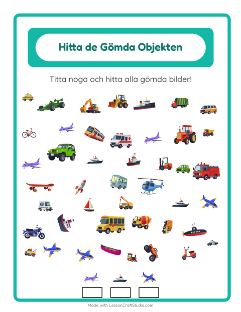 Förhandsvisning av Hitta Föremålen-arbetsblad med Fordon för Förskoleklass