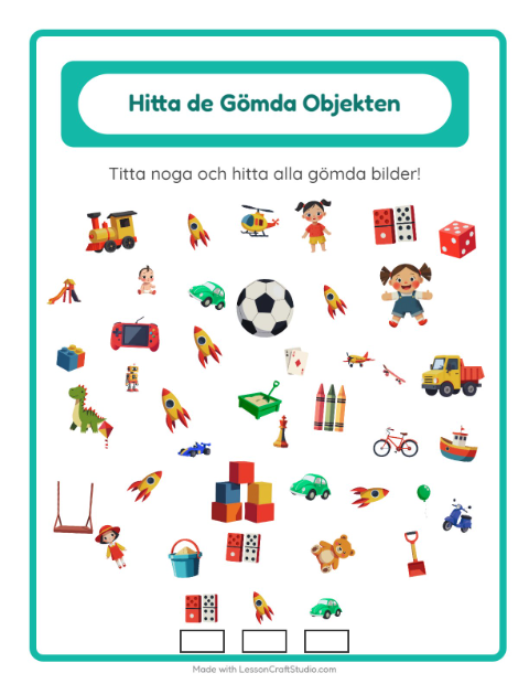 Förhandsvisning av Hitta och spana efter leksaker – arbetsblad för förskolan