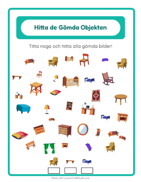 Förhandsvisning av Hitta och spana efter möbler – arbetsblad för förskolan