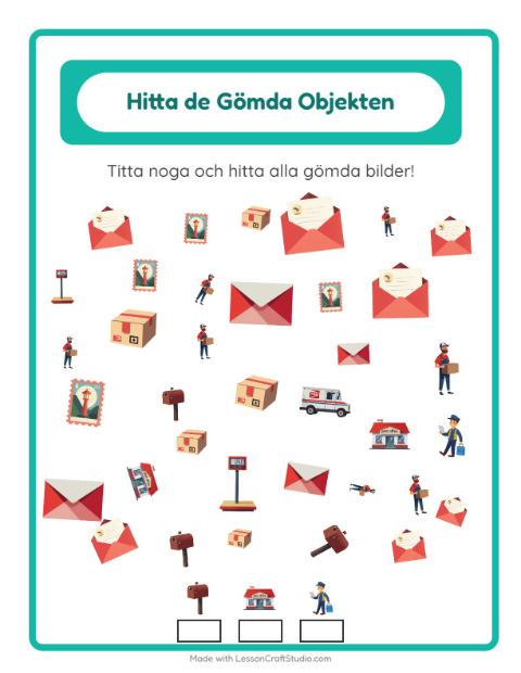 Förhandsvisning av Hitta Föremålen-arbetsblad med Postkontor för Förskoleklass