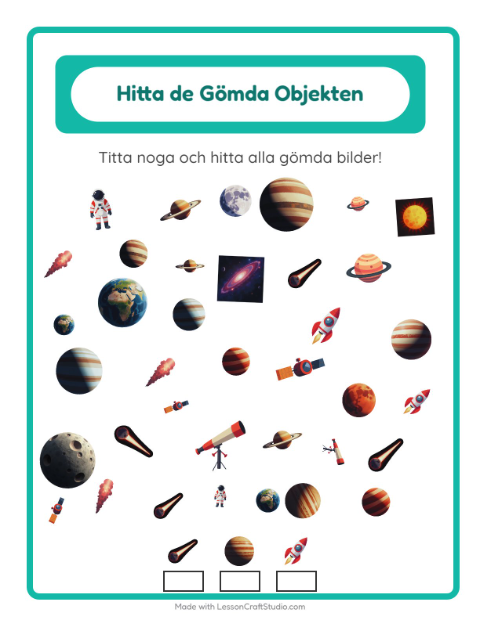 Förhandsvisning av Hitta Föremålen-arbetsblad med Rymden för Förskoleklass