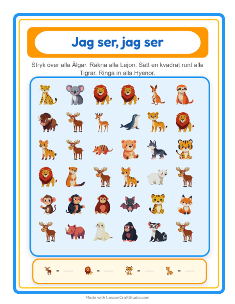 Förhandsvisning av Hitta Och Räkna-arbetsblad med Djurparksdjur för Förskola