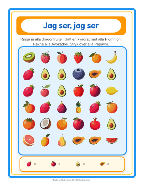 Förhandsvisning av Hitta Och Räkna-arbetsblad med Frukter för Förskola