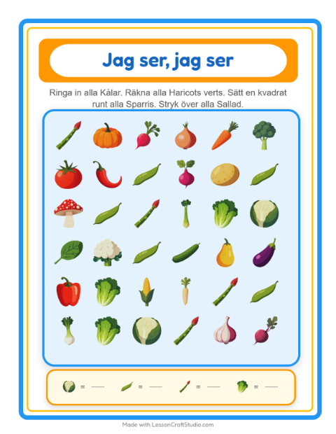 Förhandsvisning av Hitta och räkna grönsaker – arbetsblad för förskolan
