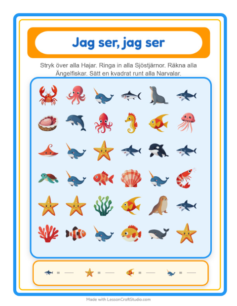 Förhandsvisning av Hitta och räkna havsdjur – arbetsblad för förskolan