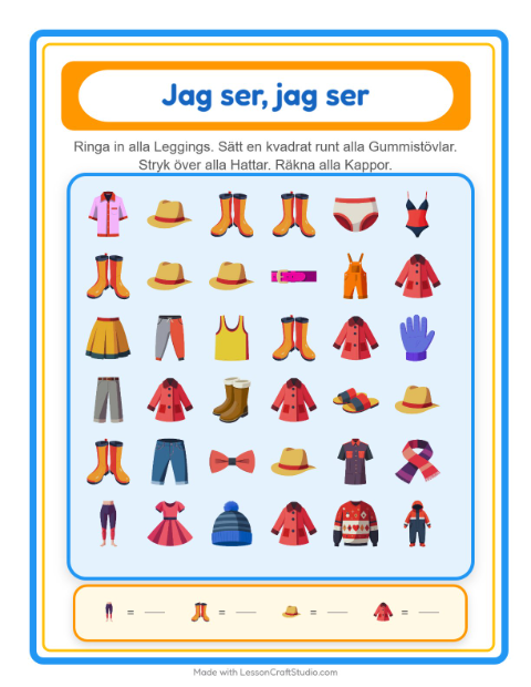Förhandsvisning av Hitta och räkna kläder – arbetsblad för förskolan