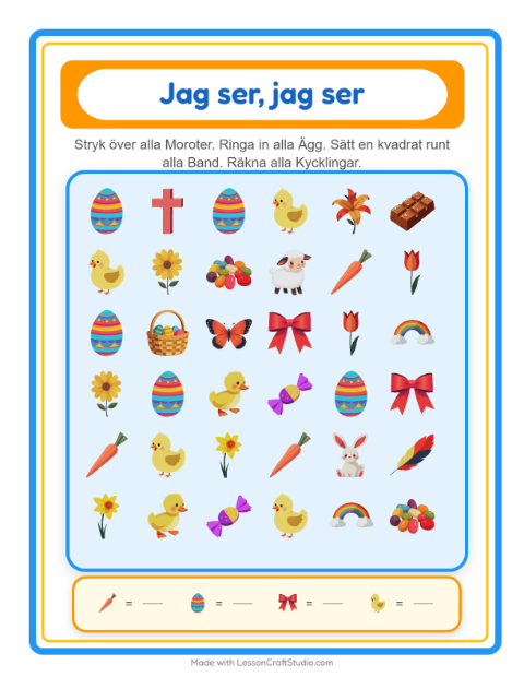 Förhandsvisning av Hitta Och Räkna-arbetsblad med Påsk för Förskola
