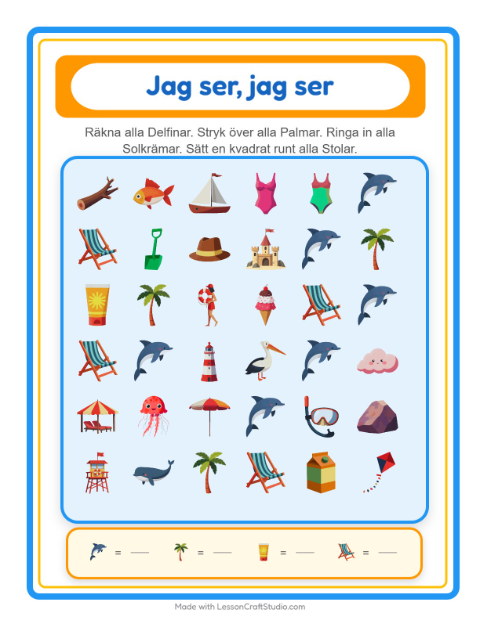 Förhandsvisning av Hitta Och Räkna-arbetsblad med Strand för Förskola
