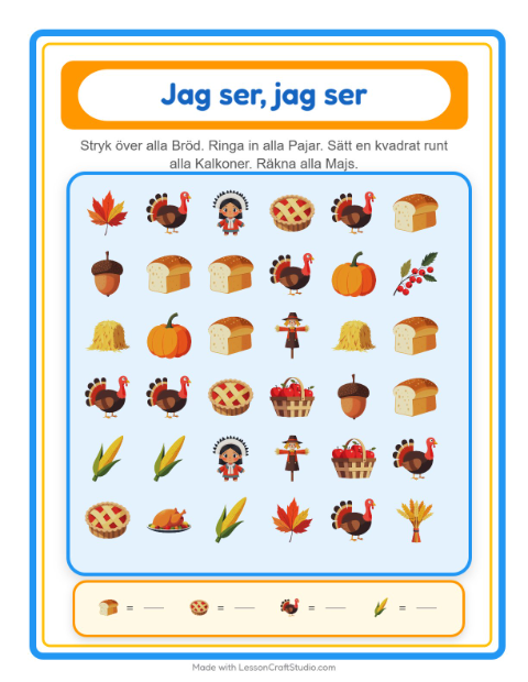 Förhandsvisning av Hitta Och Räkna-arbetsblad med Thanksgiving för Förskola