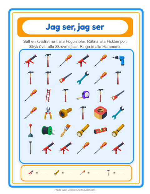 Förhandsvisning av Hitta Och Räkna-arbetsblad med Verktyg för Förskola