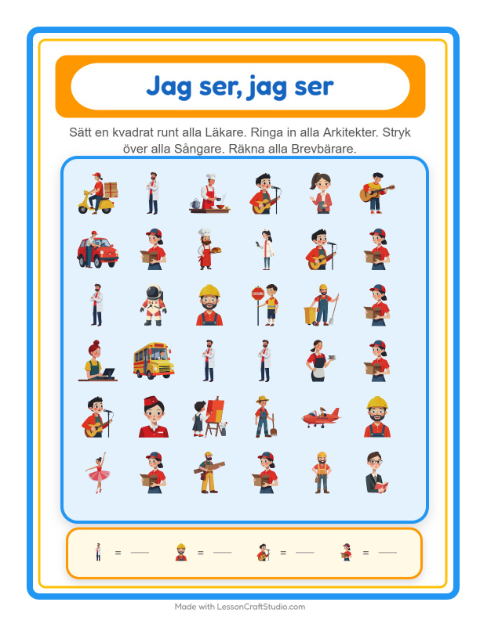 Förhandsvisning av Hitta Och Räkna-arbetsblad med Yrken för Förskola