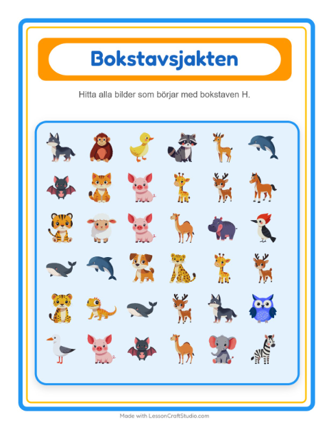 Hitta bokstavsljudet bland djur – arbetsblad för förskolan — 2