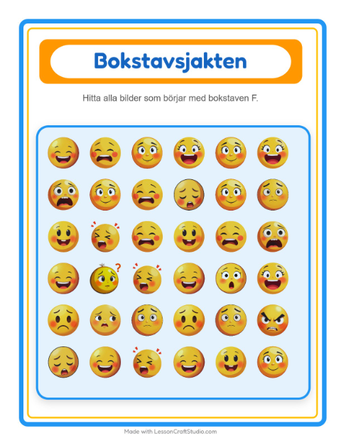 Förhandsvisning av Hitta bokstavsljudet bland känslor – arbetsblad för förskolan