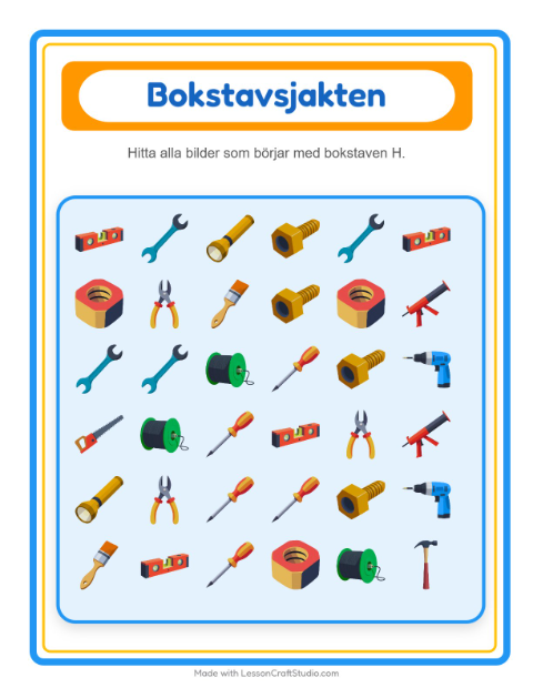 Förhandsvisning av Hitta Och Räkna-arbetsblad med Verktyg för Förskola