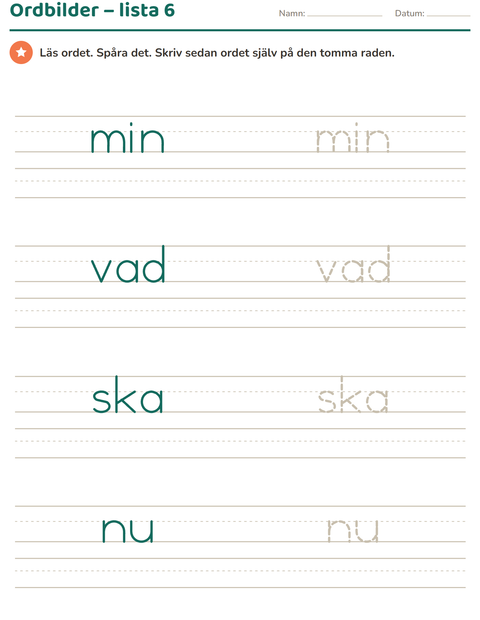 Ordbilder lista 6: min, vad, ska, nu