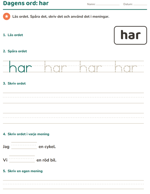 Förhandsvisning av Högfrekventa ord-arbetsblad för Förskoleklass