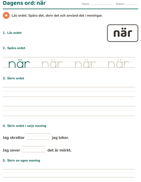 Förhandsvisning av Högfrekventa ord-arbetsblad för Förskoleklass