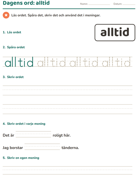 Förhandsvisning av Högfrekventa ord-arbetsblad för Förskoleklass