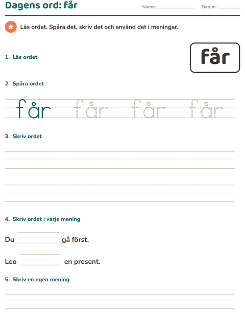 Förhandsvisning av Högfrekventa ord-arbetsblad för Förskoleklass