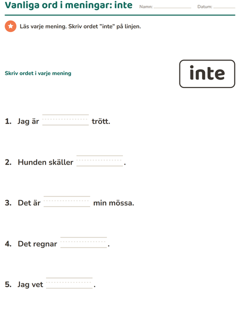 Förhandsvisning av Högfrekventa ord-arbetsblad för Förskoleklass