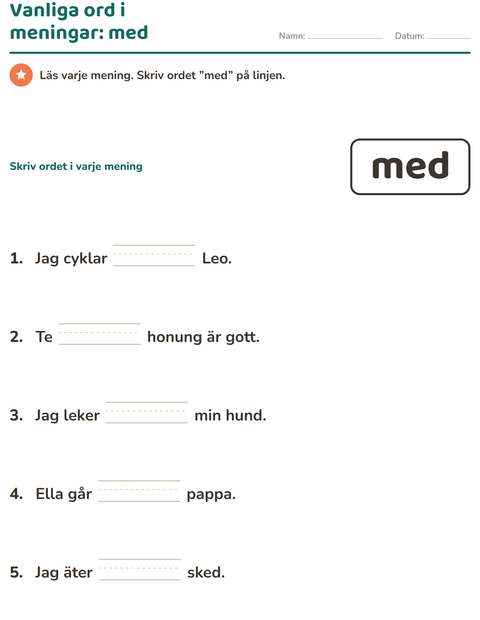 Förhandsvisning av Högfrekventa ord-arbetsblad för Förskoleklass