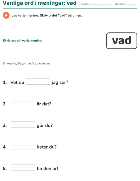Förhandsvisning av Högfrekventa ord-arbetsblad för Förskoleklass