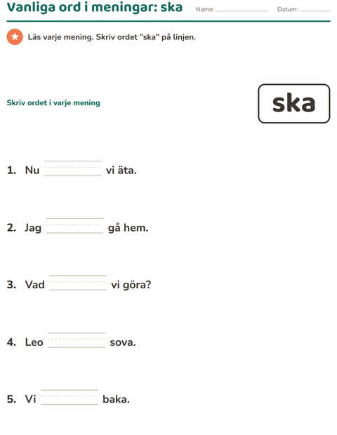 Förhandsvisning av Högfrekventa ord-arbetsblad för Förskoleklass